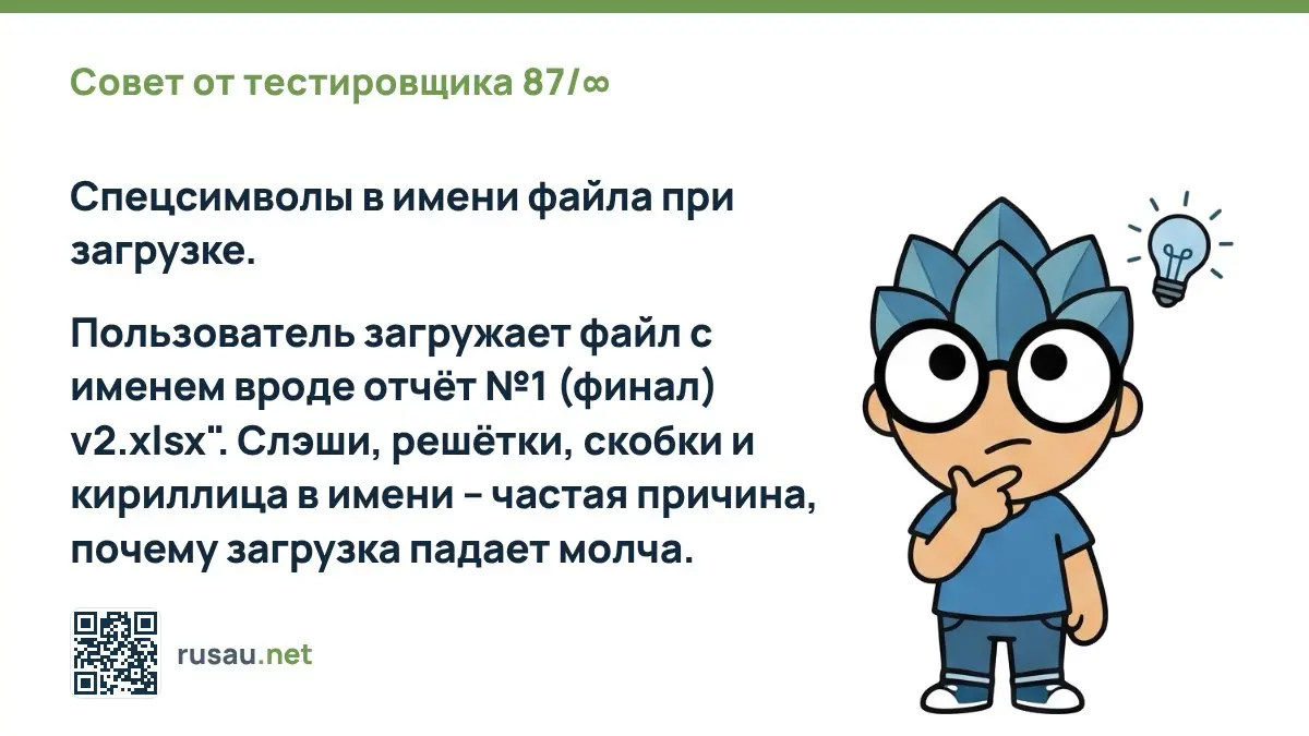 Совет от тестировщика 87/∞ : Спецсимволы в имени файла при загрузке.
Пользователь загружает файл с именем вроде отчёт №1 (финал) v2.xlsx" | Сетка — социальная сеть от hh.ru