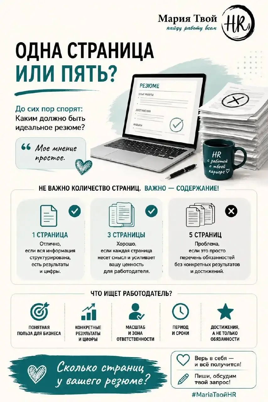 ОДНА СТРАНИЦА ИЛИ ПЯТЬ?
До сих пор спорят:
Каким должно быть идеальное резюме?
Мое мнение простое.
‼️Не важно количество страниц | Сетка — социальная сеть от hh.ru