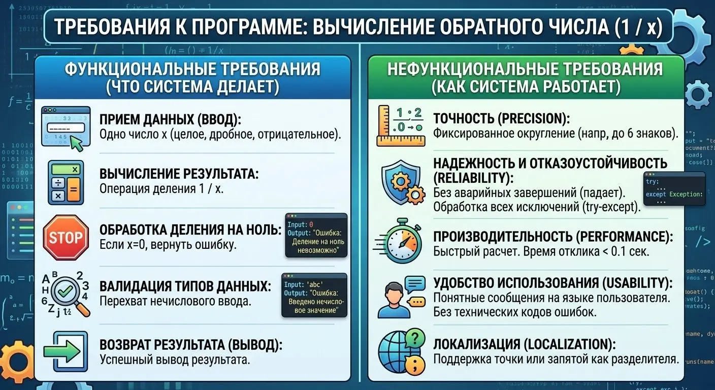 Вопрос на подумать:
Основные функциональные и не функциональные требования к программе которая возвращает результат деления единицы на поделённое число ❔
(На картинке примерные ответы) | Сетка — социальная сеть от hh.ru
