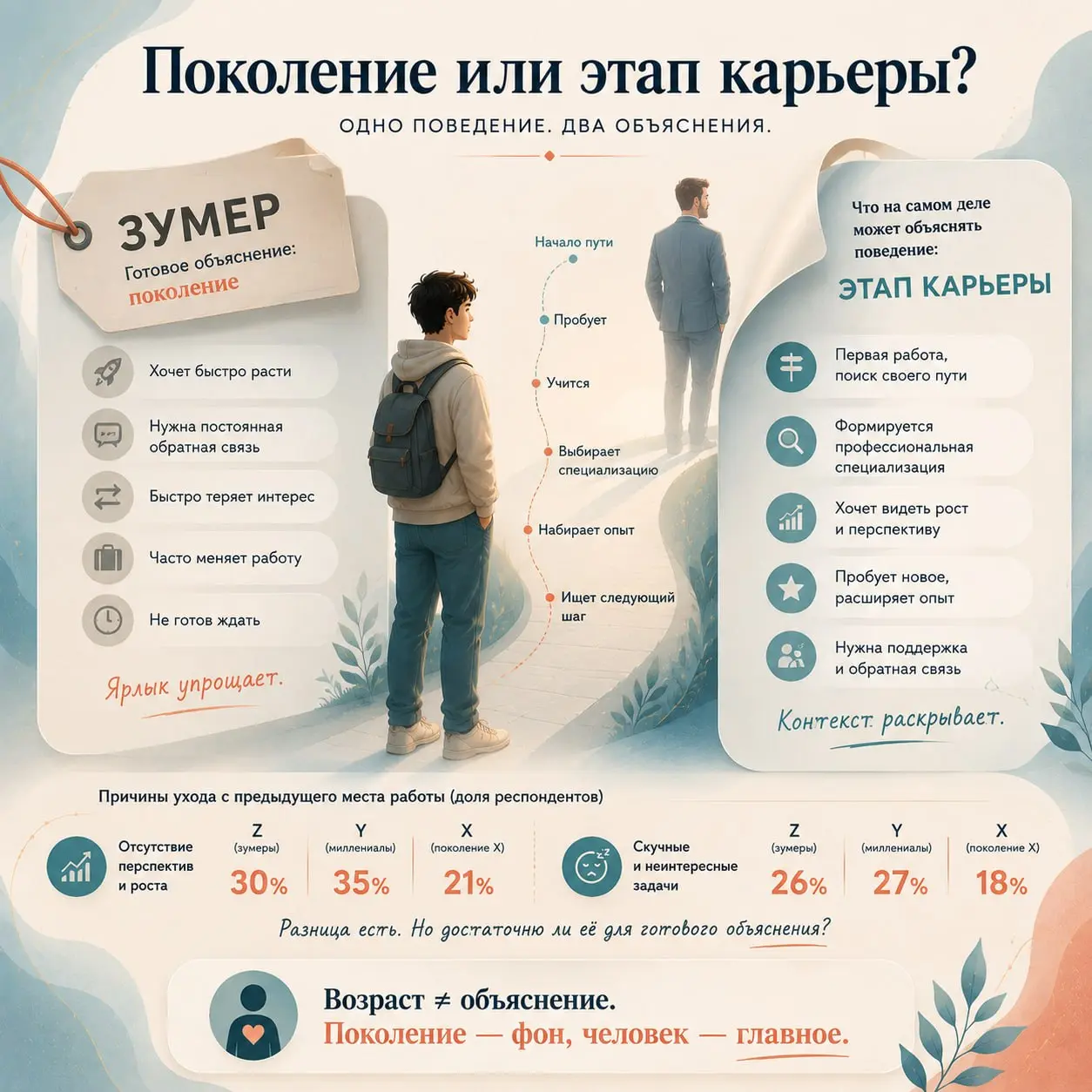 Мы слишком много объясняем поколениями то, что на самом деле может объясняться этапом карьеры
Молодой сотрудник хочет быстрее расти, чаще получать обратную связь, пробовать новые задачи и не готов год... | Сетка — социальная сеть от hh.ru