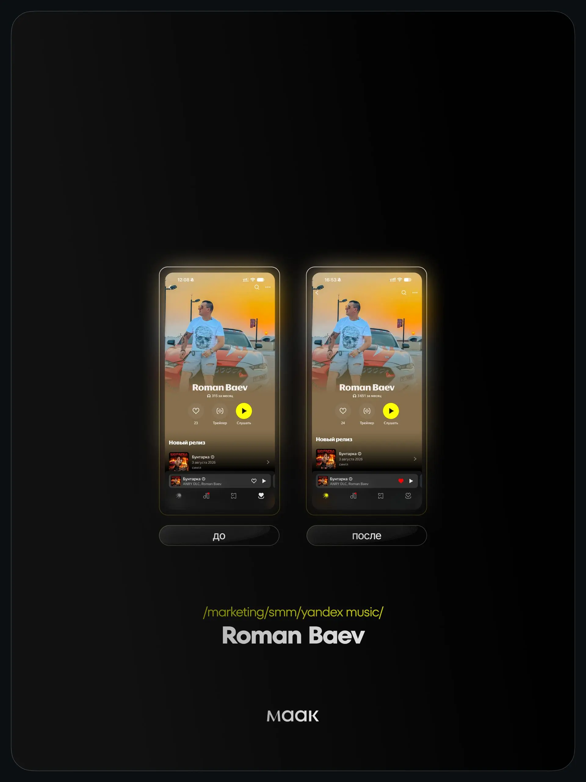 📱 #case — Продвижение в Яндекс Музыке
❤️ Для кого?
Roman Baev
🔼 Что было сделано?
Комплексное продвижение трека с целью увеличения прослушиваний и вовлеченности
⭐️ Продвижение в Яндекс Музыке — это ра... | Сетка — социальная сеть от hh.ru