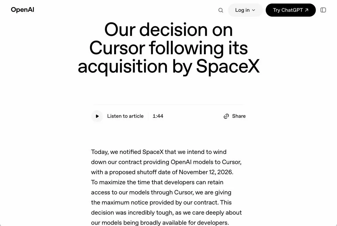 OpenAI планирует прекратить прямое предоставление своих моделей через Cursor после приобретения платформы компанией SpaceX.
Предлагаемая дата отключения - 12 ноября 2026 года | Сетка — социальная сеть от hh.ru
