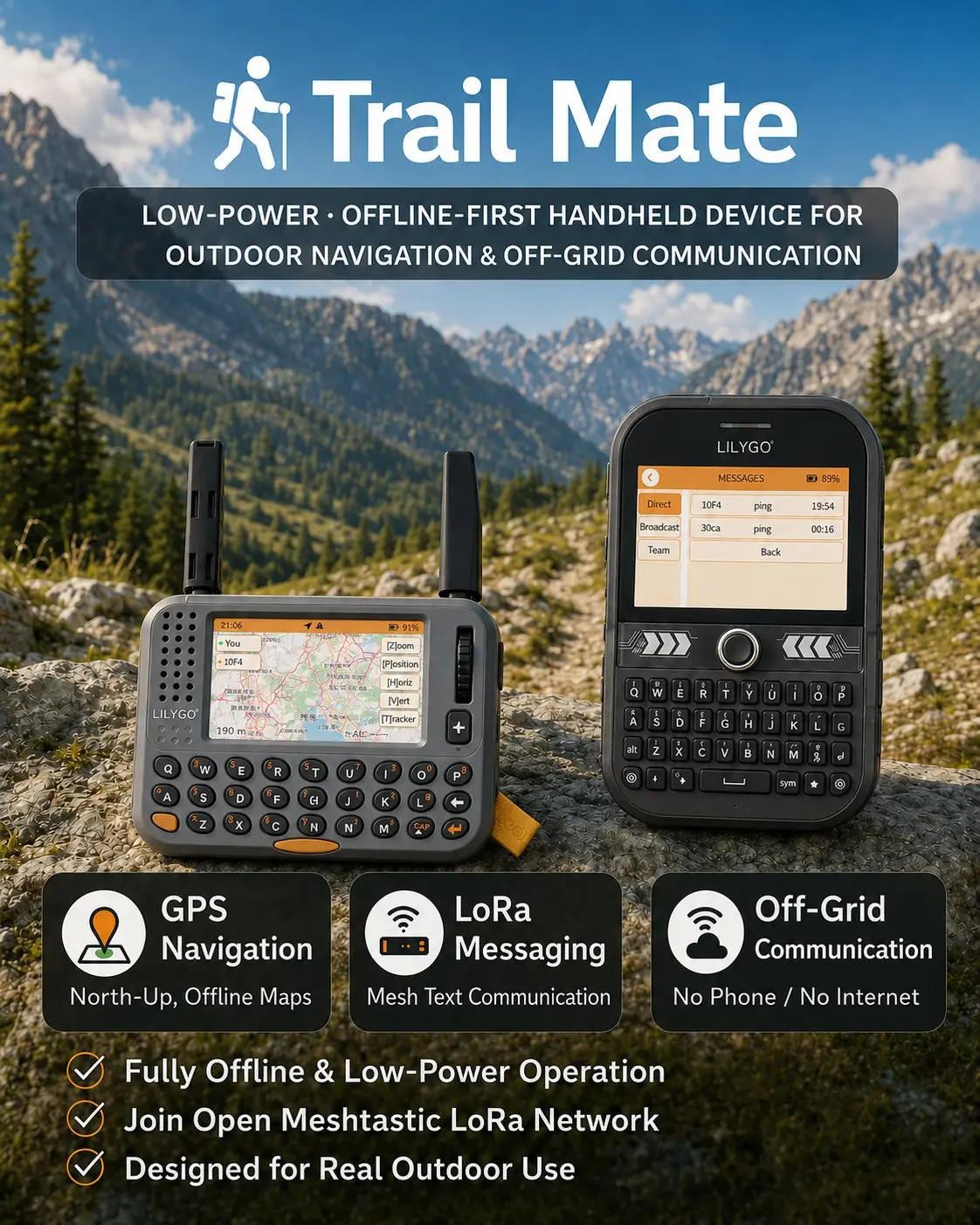 trail-mate
Trail Mate — это автономная портативная система для GPS-навигации, связи по LoRa и обеспечения ситуационной осведомленности команды в условиях отсутствия сетевого покрытия | Сетка — социальная сеть от hh.ru