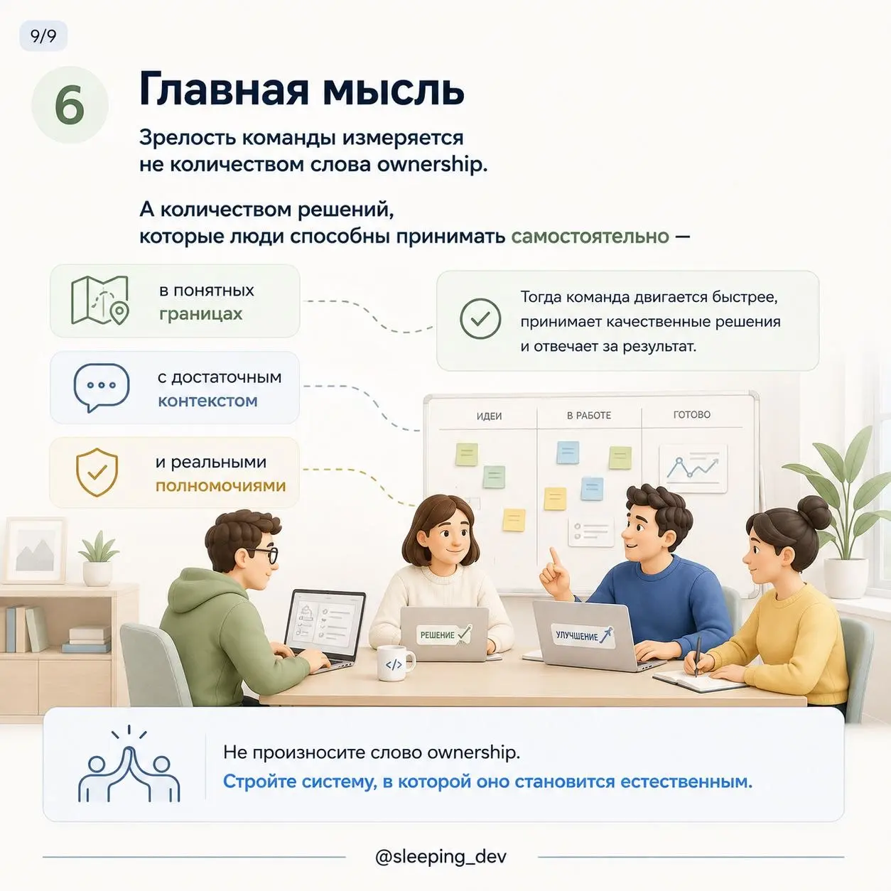 «Возьми ownership» — одна из самых бесполезных фраз менеджера.
Её удобно произносить.
Разработчик принёс проблему?
Возьми ownership.
Задача зависла?
Нужно больше ownership | Сетка — социальная сеть от hh.ru