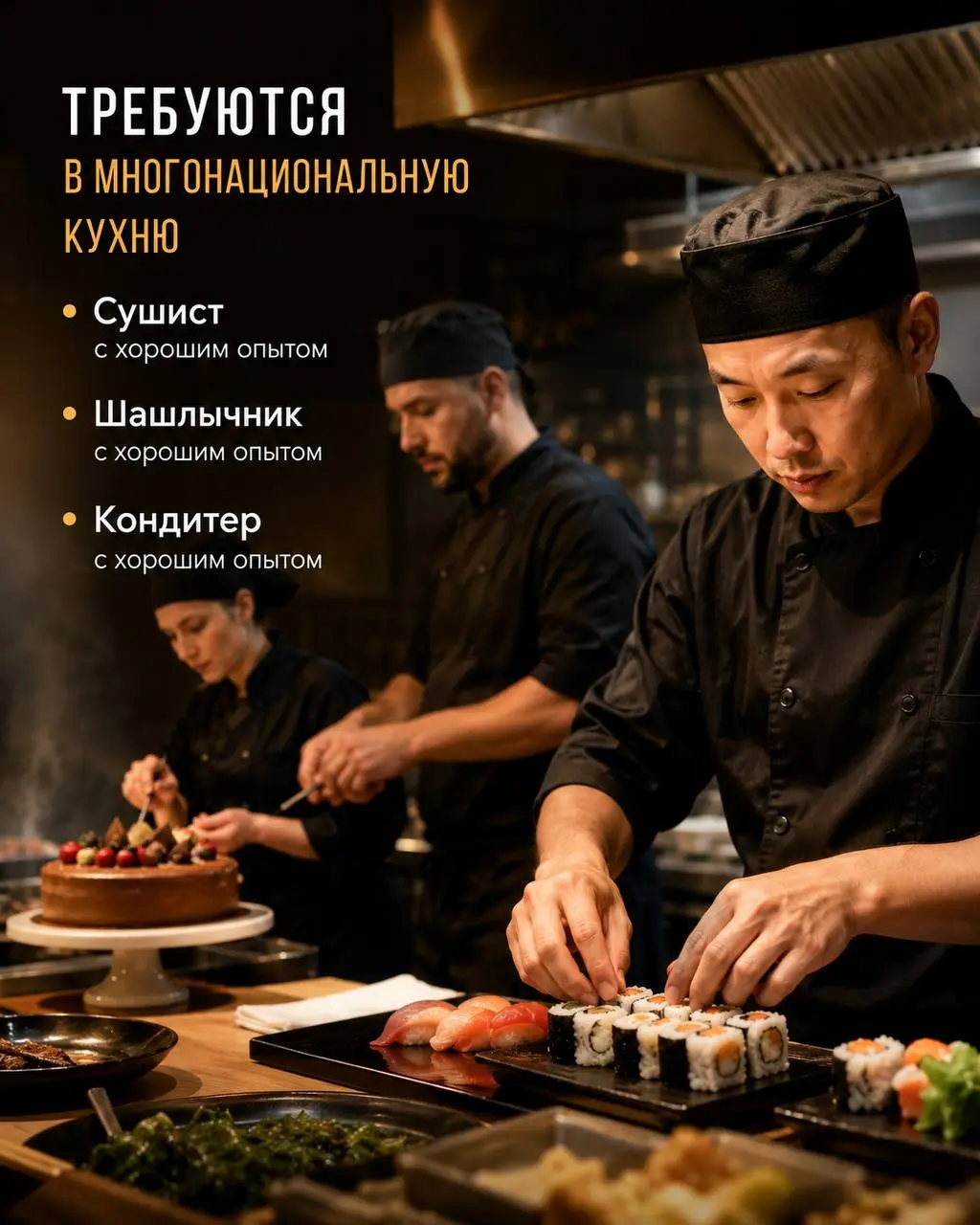 1️⃣СУШИСТ,
2️⃣ШАШЛЫЧНИК,
3️⃣КОНДИТЕР
От 5 000₽/смена
Многонациональная кухня
• Москва, м. Корниловская
• Рестораны/Кафе
• +79969964666
Полное описание вакансии размещено в Телеграм и Макс | Сетка — социальная сеть от hh.ru