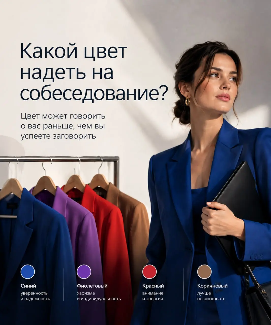 🎨 Какой цвет надеть на собеседование, чтобы произвести нужное впечатление?
Оказывается, цвет одежды тоже может работать на ваш образ еще до того, как вы успели рассказать о своём опыте | Сетка — социальная сеть от hh.ru