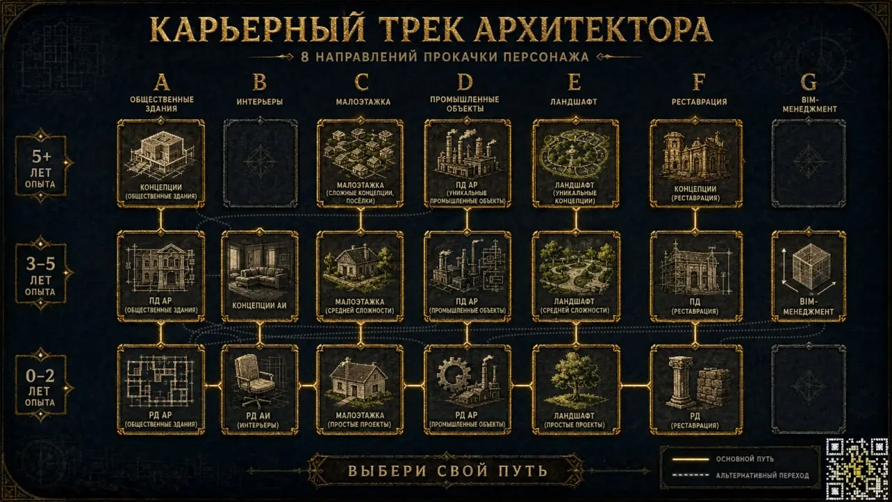 ⬆️ Карьерный трек архитектора.
8 направлений прокачки персонажа.
Ранее я уже писал про разные направления в архитектуре | Сетка — социальная сеть от hh.ru