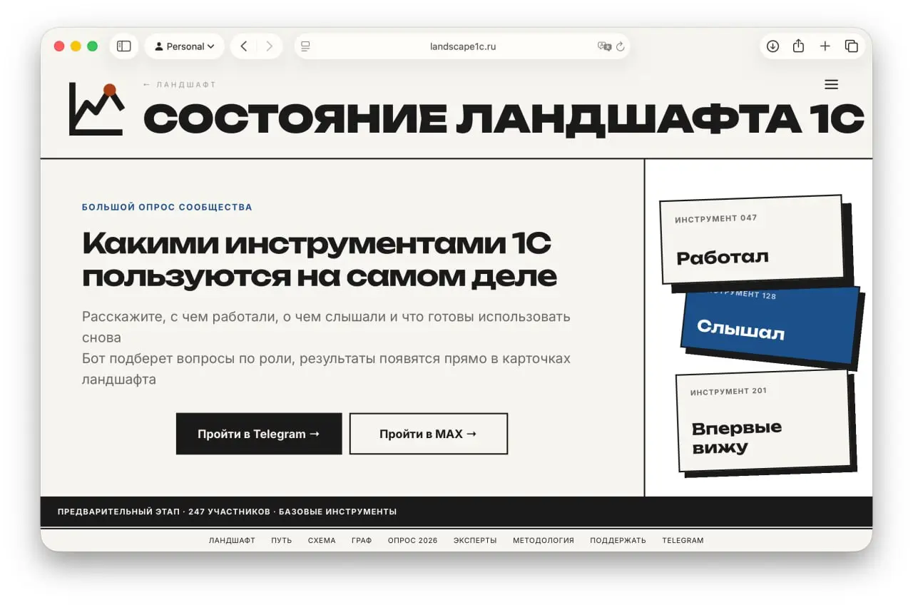Большой опрос сообщества 1С
Ландшафт технологий 1С - карта инструментов, которыми пользуется сообщество
Но мнения экспертов для такой карты недостаточно | Сетка — социальная сеть от hh.ru