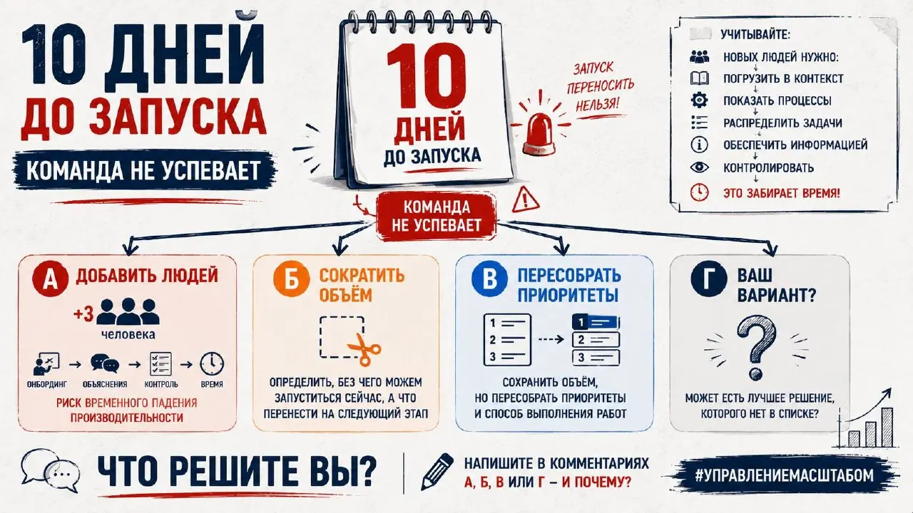 Что бы вы сделали?
Сегодня предлагаю немного изменить формат.
Не давать готовый управленческий вывод, а разобрать ситуацию вместе.
Представьте:
🚨 До запуска проекта — 10 дней | Сетка — социальная сеть от hh.ru