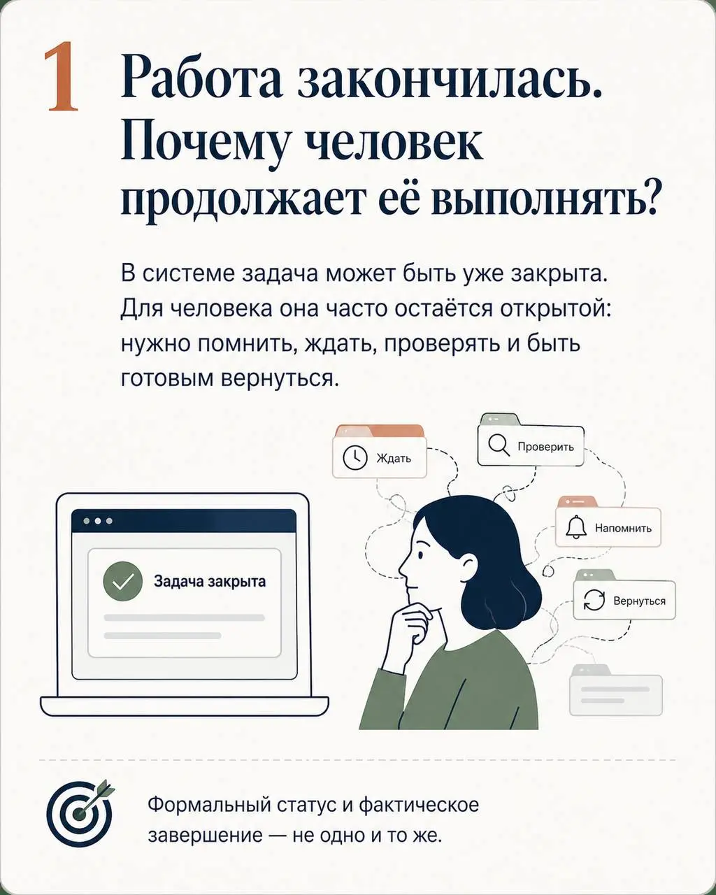 Если не хочется читать длинный текст — собрала основную логику в карточках.
А главный вопрос тот же: умеет ли работа действительно заканчиваться? | Сетка — социальная сеть от hh.ru