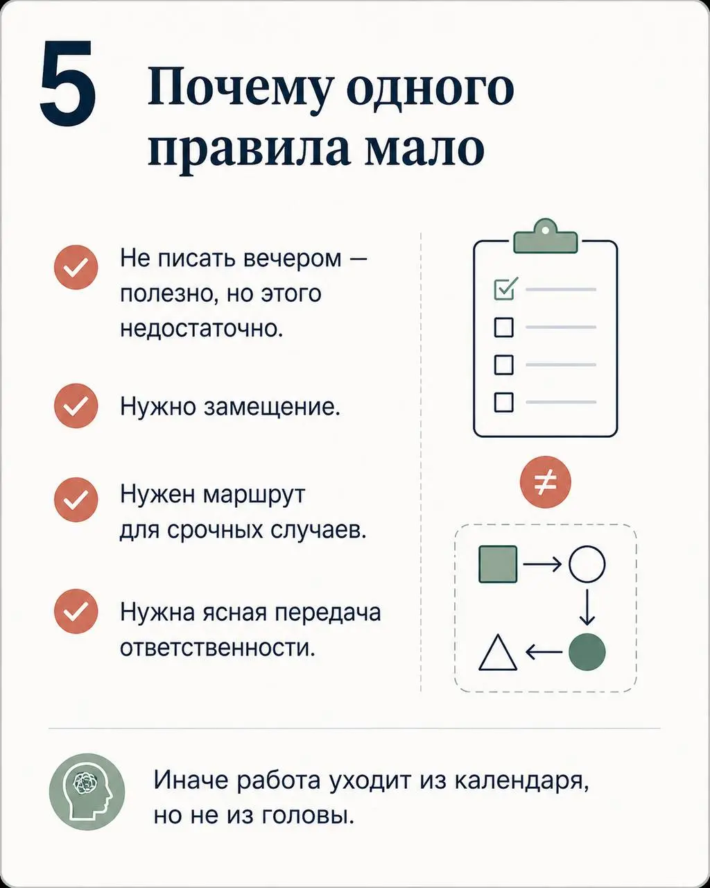 Если не хочется читать длинный текст — собрала основную логику в карточках.
А главный вопрос тот же: умеет ли работа действительно заканчиваться? | Сетка — социальная сеть от hh.ru