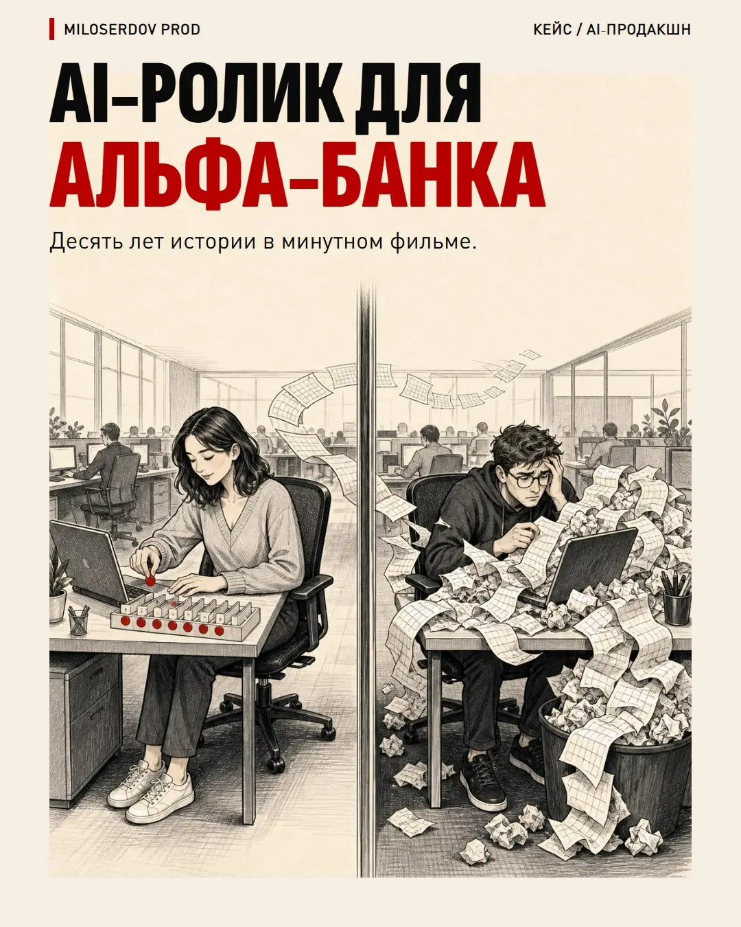AI‑ролик для Альфа‑Банка: как уместить десять лет в одну минуту
Три страницы сценария. Два героя. Десять лет жизни, которые нужно показать чуть больше чем за минуту | Сетка — социальная сеть от hh.ru