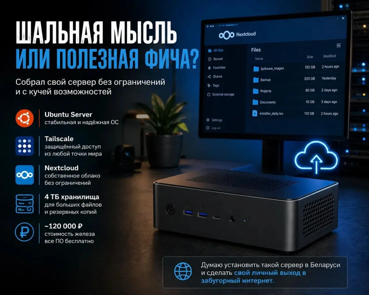 Шальная мысль или полезная фича?
По работе мне периодически приходится передавать и хранить довольно большие файлы — в основном образы с ПО размером 100+ ГБ | Сетка — социальная сеть от hh.ru