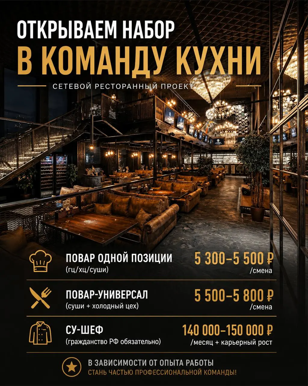 1️⃣ПОВАР ОДНОЙ ПОЗИЦИИ (ГЦ/ХЦ/СУШИ),
2️⃣ПОВАР-УНИВЕРСАЛ (СУШИ + ХОЛОДНЫЙ ЦЕХ),
3️⃣СУ-ШЕФ
Сетевой ресторанный проект
• Москва
• Рестораны/Кафе
• +79670861333
Полное описание вакансии размещено в Телегр... | Сетка — социальная сеть от hh.ru