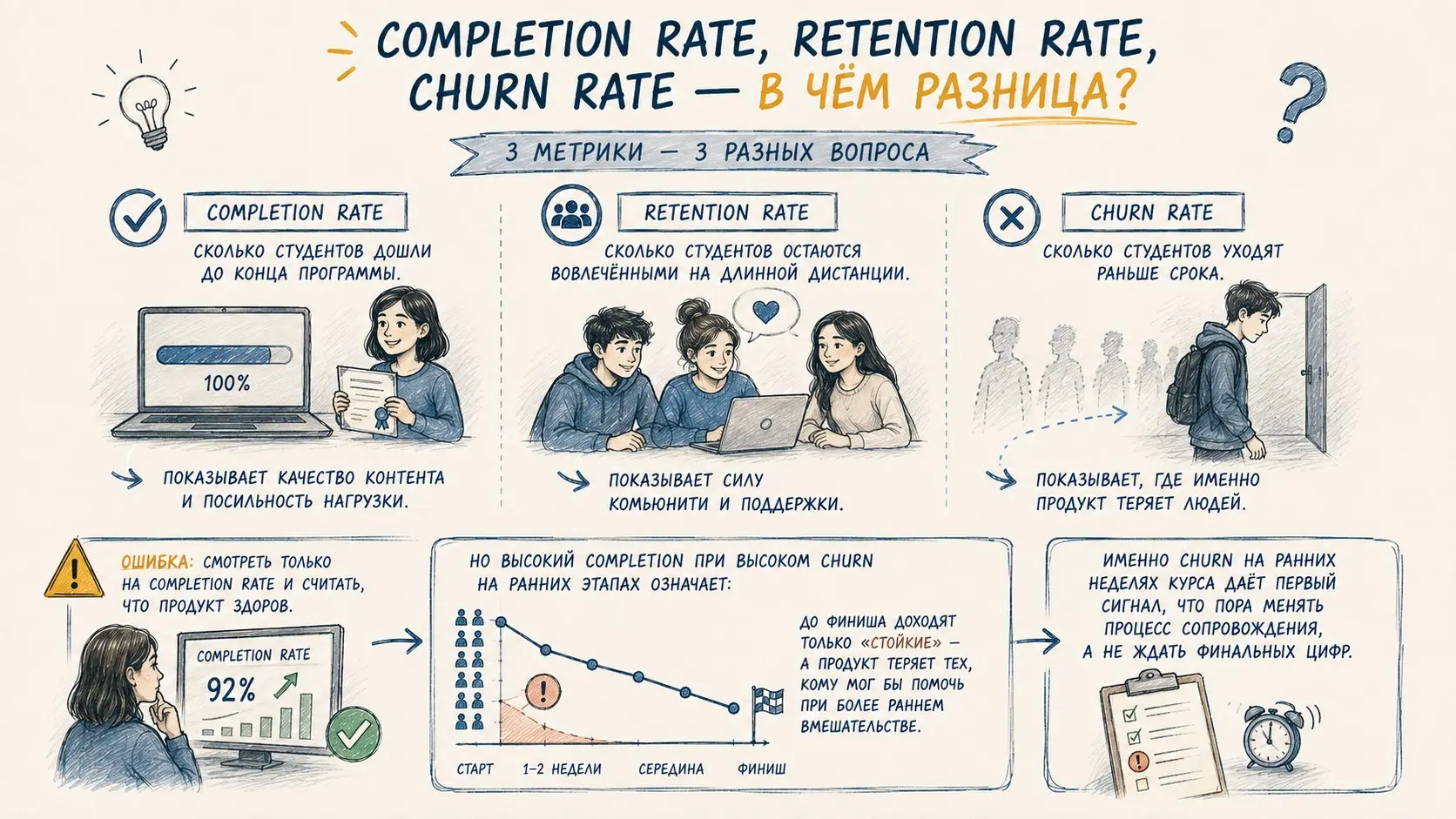 Completion rate, retention rate, churn rate — в чём разница? | Сетка — социальная сеть от hh.ru