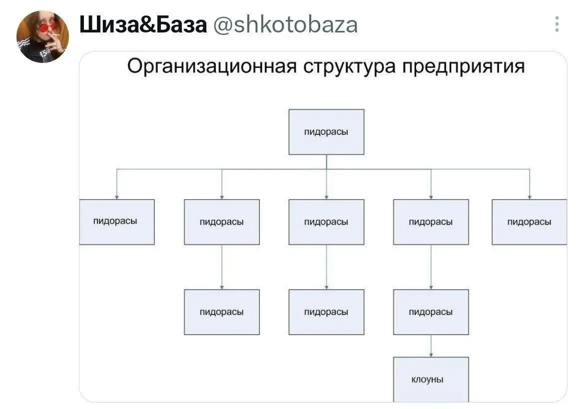 Трудовая этика или почему я не люблю пессимистов на работе
Если ваш начальник П (как на картинке), ваши коллеги П, да и вся компания имеет такую организационную структуру, возможно дело не в компании | Сетка — социальная сеть от hh.ru