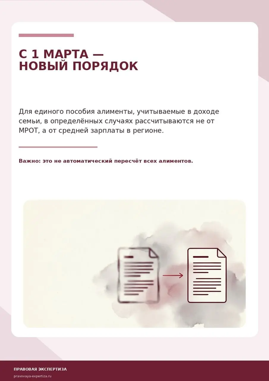 С 1 марта 2026 года изменился порядок, по которому алименты учитываются в доходе семьи при назначении единого пособия: в определённых ситуациях расчёт ведётся уже не от МРОТ, а от средней зарплаты в р... | Сетка — социальная сеть от hh.ru