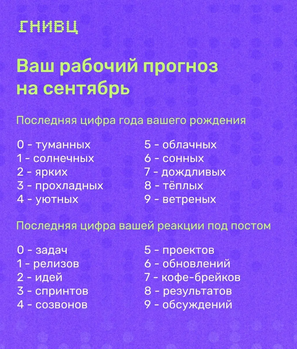 Сентябрь на проде 🍂
Лето позади, отпуска закончились — осень уже здесь.
Каким будет ваш рабочий сентябрь?
Ставьте ❤️ и узнайте свой прогноз
#фан | Сетка — социальная сеть от hh.ru