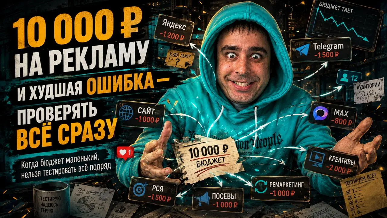 У вас есть 10 000 ₽ на рекламу. Самая частая ошибка — попытаться проверить на них всё сразу
Это очень частая история.
Есть небольшой бюджет. Допустим, 10 000 ₽ | Сетка — социальная сеть от hh.ru