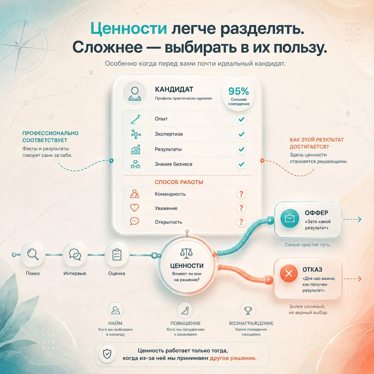 ❓ Сильный кандидат, который не подходит по ценностям. Вы правда готовы ему отказать?
Представим довольно знакомую для рекрутмента ситуацию.
Вакансия сложная. Поиск идет уже несколько месяцев | Сетка — социальная сеть от hh.ru