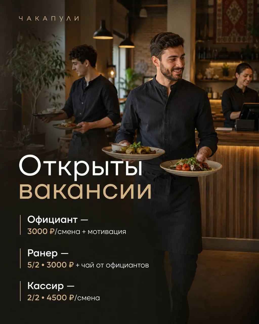 1️⃣ОФИЦИАНТ,
2️⃣РАНЕР,
3️⃣КАССИР
ЧАКАПУЛИ
• Москва, м. Славянский бульвар, Кутузовский проспект 57, ТЦ Океания
• Рестораны/Кафе
• +79685614174
Полное описание вакансии размещено в Телеграм и Макс | Сетка — социальная сеть от hh.ru