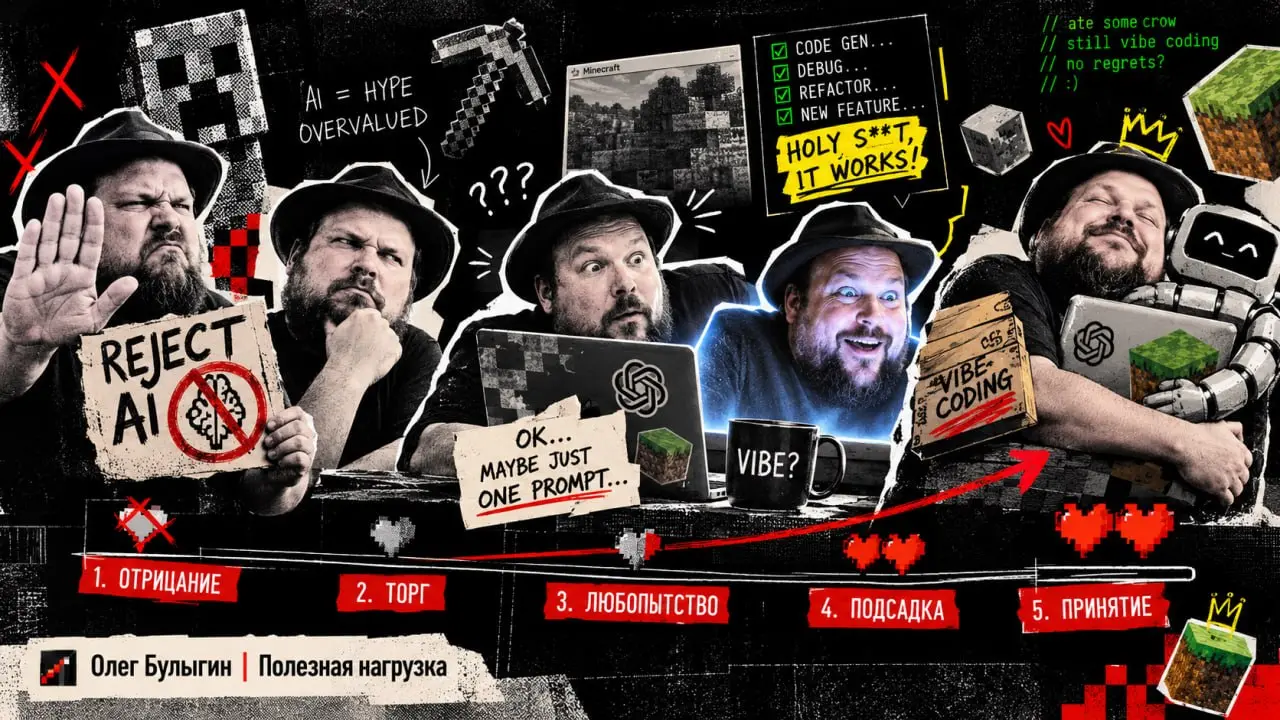 5 стадий принятия ИИ: версия создателя Minecraft 🌳
Наблюдать за тем, как олдскульные хардкорные разработчики проходят путь от священной войны до активного использования нейросеток — отдельный вид эсте... | Сетка — социальная сеть от hh.ru