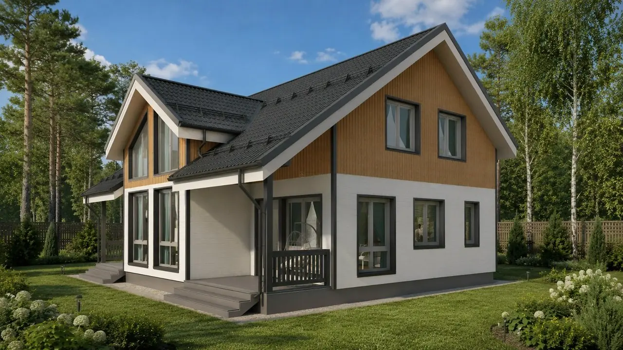 🏠 ЭВЕРЕСТ К188-2 — каркасный дом со вторым светом
Просторное пространство для всей семьи. Двухэтажный дом с двухскатной крышей, третьим фронтоном, вторым светом, террасами, крыльцом и балконом | Сетка — социальная сеть от hh.ru