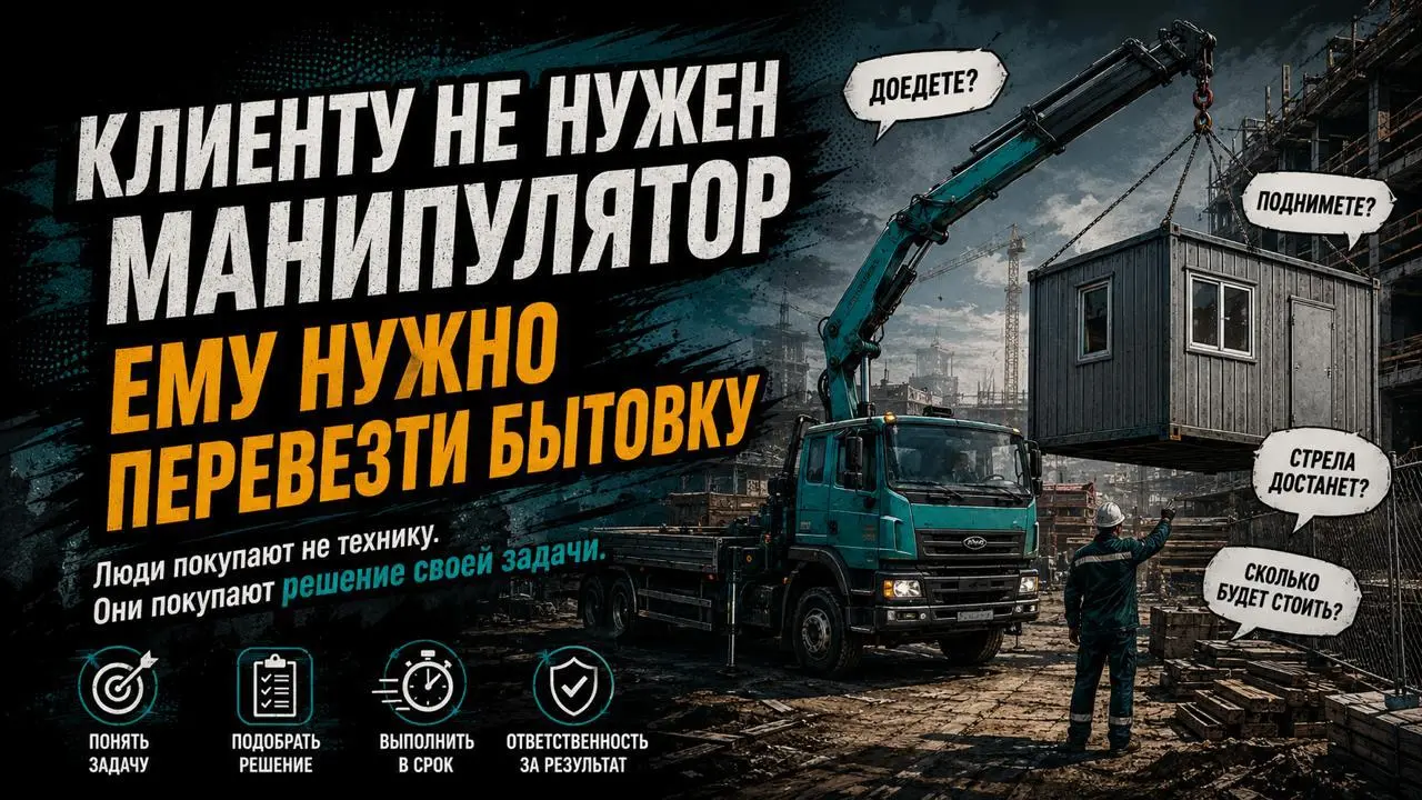 Клиенту не нужен манипулятор. Ему нужно перевезти бытовку
Сейчас разбираю новый проект — аренда кранов-манипуляторов в Москве и области.
Полез смотреть конкурентов | Сетка — социальная сеть от hh.ru