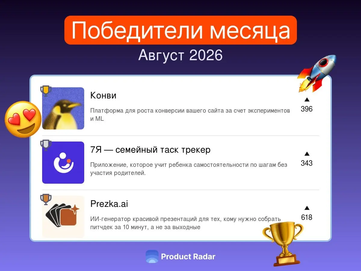 Лучшие проекты августа 2026 на Радаре
🏆 Продукт августа №1 — Конви
Платформа для роста конверсии вашего сайта за счет экспериментов и ML
🏆 Продукт августа №2 — 7Я — семейный таск‑трекер
Приложение, ко... | Сетка — социальная сеть от hh.ru