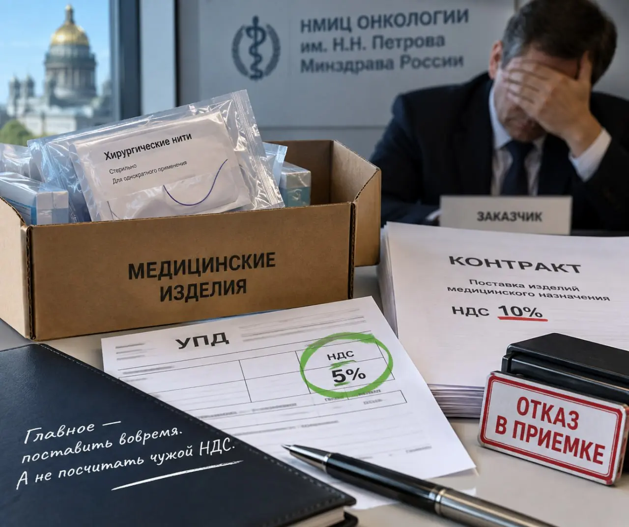 Поставщик указал НДС 5% вместо 10%. Заказчик расторг контракт — и проиграл
В Петербурге НМИЦ онкологии им. Н.Н. Петрова заключил с ООО «Сорго» контракт на медизделия на 1 147 417,60 ₽ | Сетка — социальная сеть от hh.ru