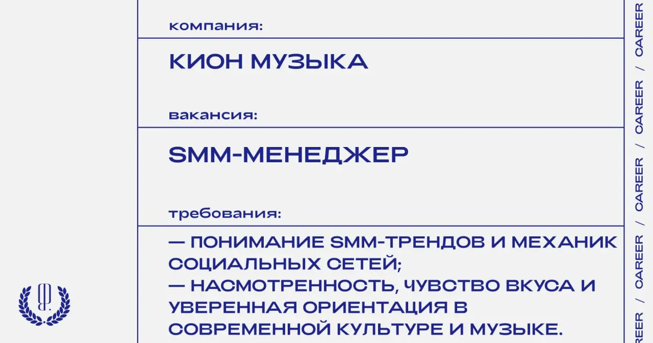 КИОН Музыка ищет SMM-менеджера.
https://theblueprint | Сетка — социальная сеть от hh.ru