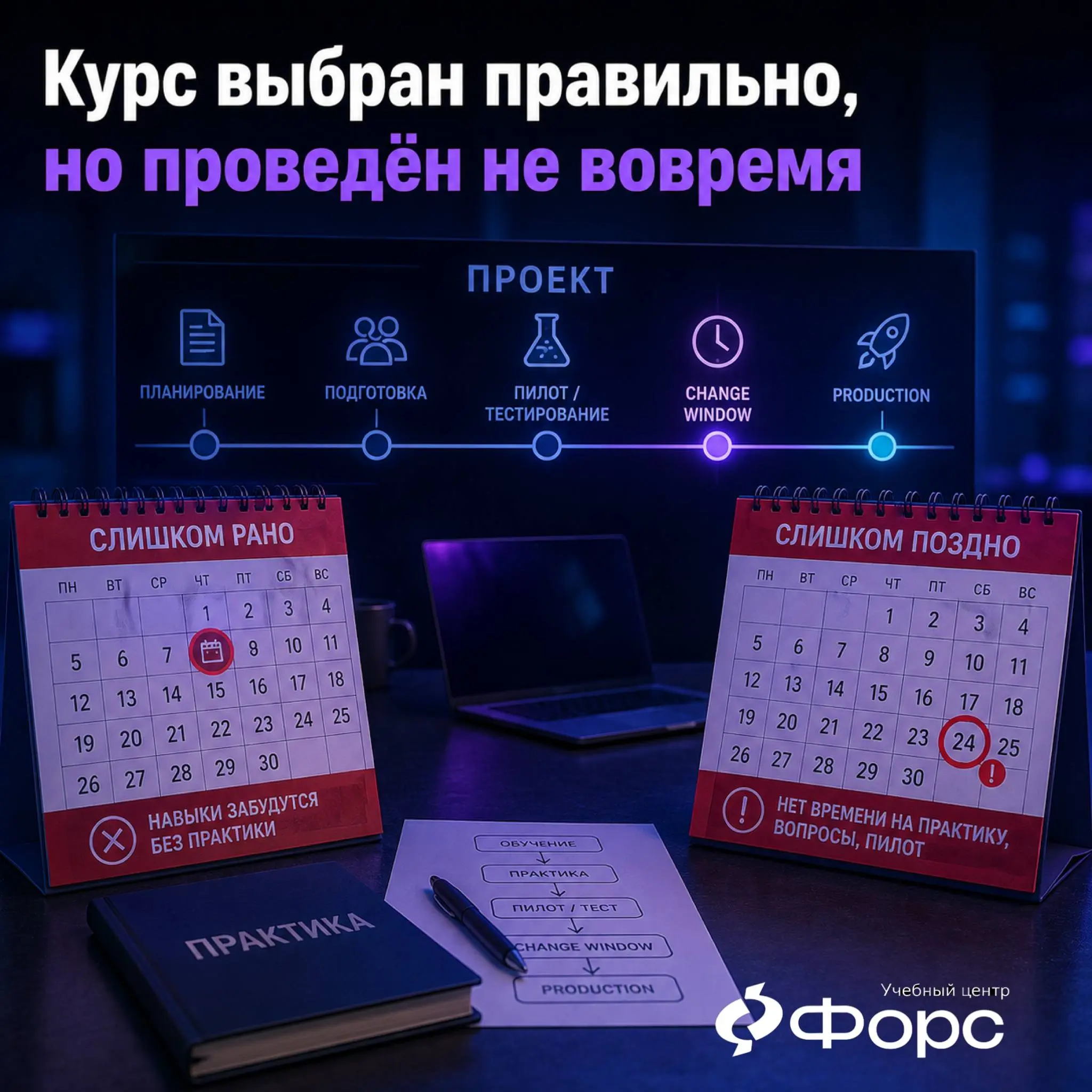 🛠️ Курс выбран правильно, но проведён не вовремя
Два типичных сценария.
Слишком рано
До миграции ещё несколько месяцев, а новые навыки почти не используются | Сетка — социальная сеть от hh.ru