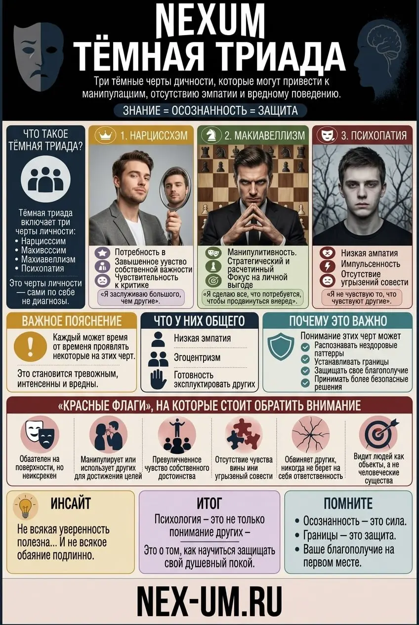 📱 Тёмная триада: как распознать нездоровые паттерны и не стать героем чужого психологического триллера
Иногда человек кажется невероятно обаятельным, уверенным и харизматичным | Сетка — социальная сеть от hh.ru