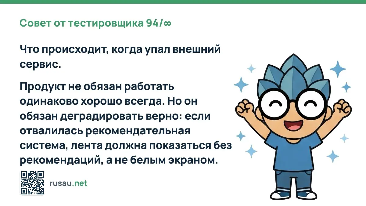 Совет от тестировщика 94/∞ : Что происходит, когда упал внешний сервис.
Продукт не обязан работать одинаково хорошо всегда | Сетка — социальная сеть от hh.ru