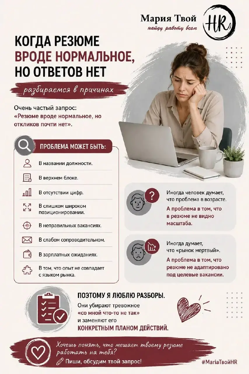 Когда резюме вроде нормальное, но ответов нет
🔥Очень частый запрос:
«Резюме вроде нормальное, но откликов почти нет».
И вот тут важно не гадать.
Нужно диагностировать | Сетка — социальная сеть от hh.ru