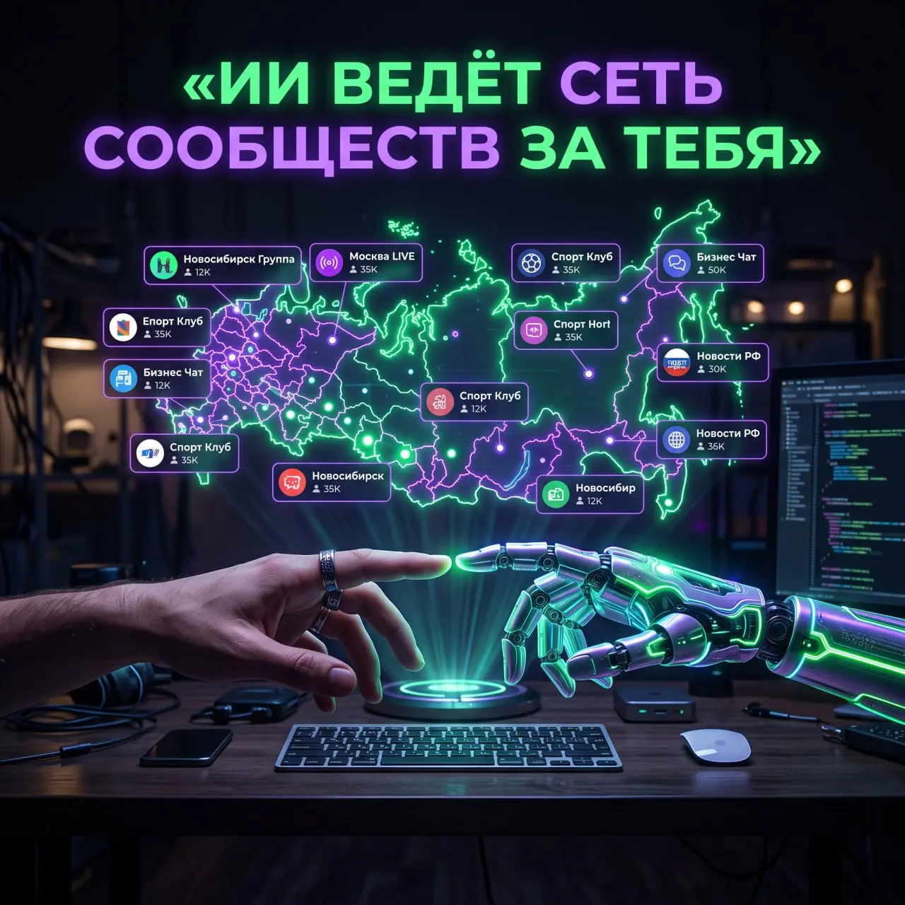 🚀 За пару вечеров мы с ИИ собрали сервис, который ведёт сеть из 16 городов на автопилоте
Честно расскажу, как было.
У «Нейроклуба» — сообщества в 16 городах России | Сетка — социальная сеть от hh.ru