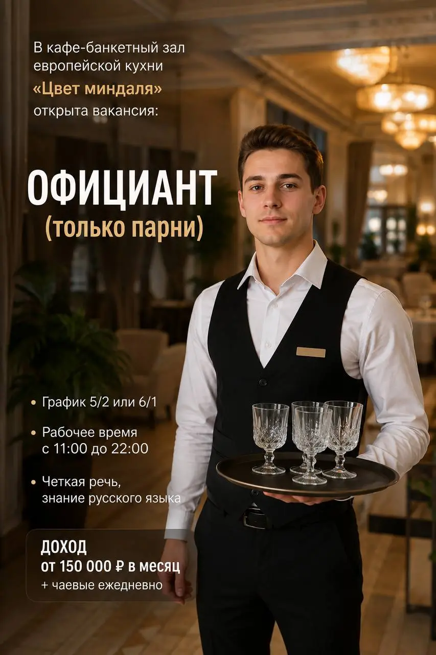 ОФИЦИАНТ
От 150 000₽
Цвет миндаля
• Москва, м. Новокосино, Носовихинское шоссе, 27
• Рестораны/Кафе
• +79260357913
Полное описание вакансии размещено в Телеграм и Макс | Сетка — социальная сеть от hh.ru