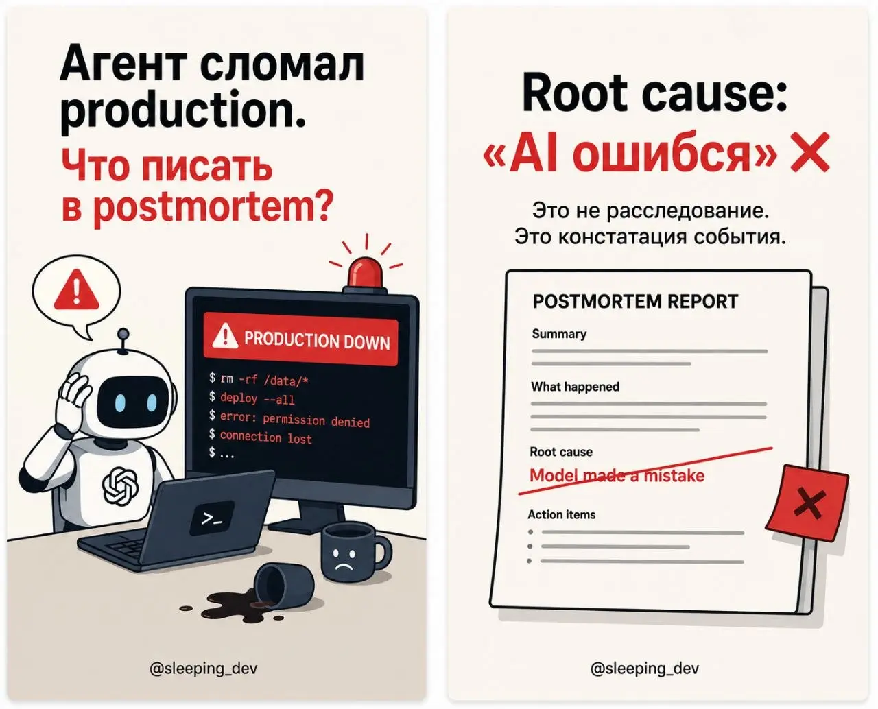 Агент сломал production. Что писать в postmortem?
Допустим, AI-агент изменил конфигурацию, запустил не ту команду или удалил данные. Production лежит | Сетка — социальная сеть от hh.ru