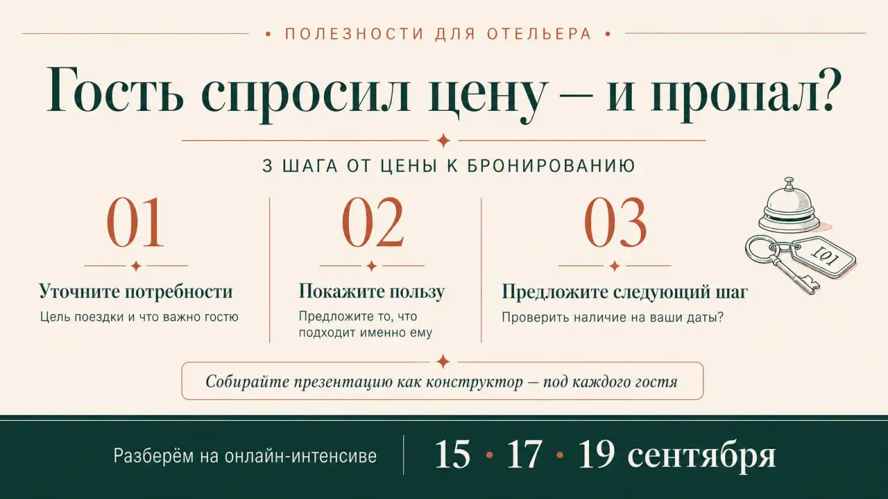 Гость спросил цену — и пропал. Знакомо? 🏨
Часто отель продаёт только номер: «Стандарт — 7 000 ₽ в сутки». А гость хочет понять, что он получит за эти деньги | Сетка — социальная сеть от hh.ru