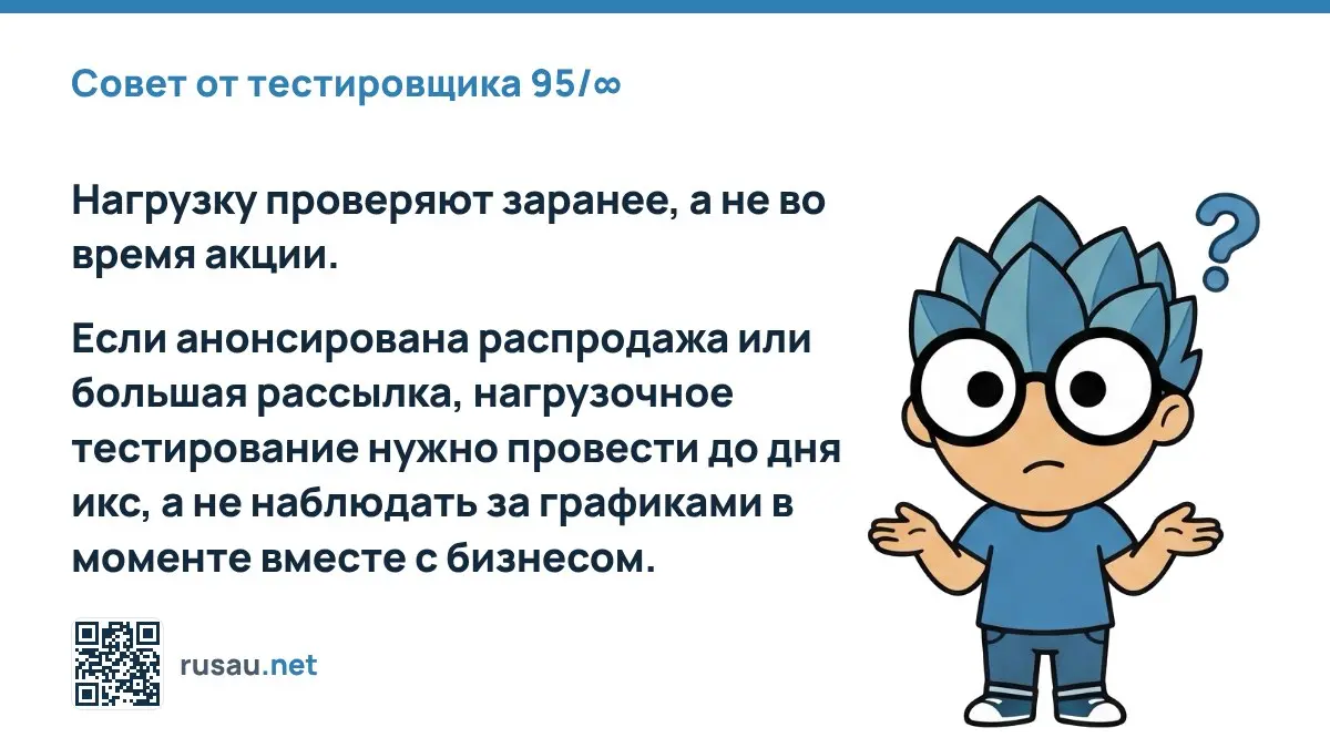 Совет от тестировщика 95/∞ : Нагрузку проверяют заранее, а не во время акции | Сетка — социальная сеть от hh.ru