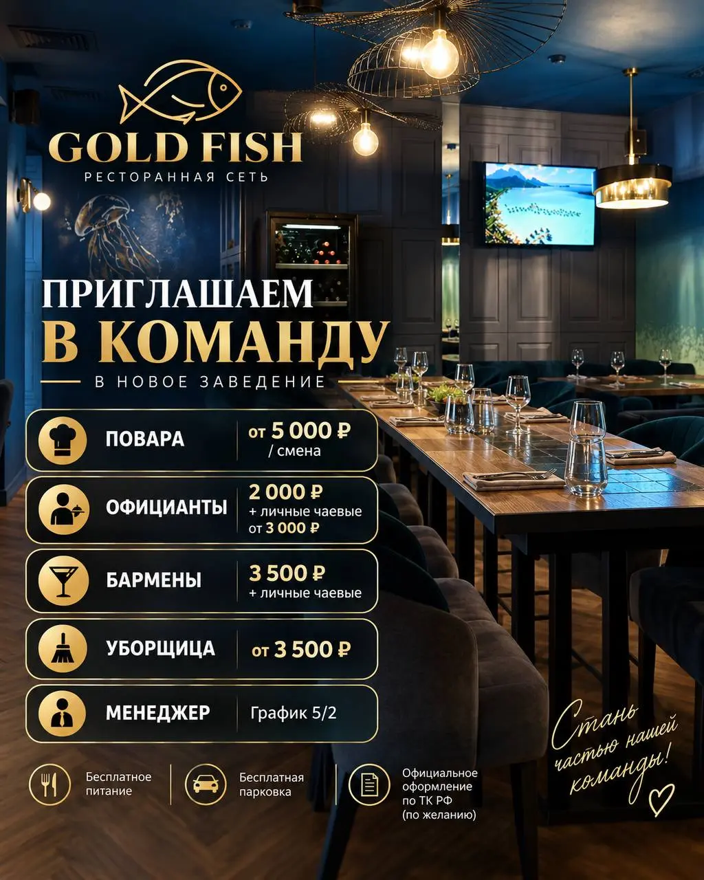 1️⃣ПОВАР,
2️⃣ОФИЦИАНТ,
3️⃣БАРМЕН,
4️⃣УБОРЩИЦА,
5️⃣МЕНЕДЖЕР
GOLD FISH
• Москва, м. Перово | Шоссе Энтузиастов, 1-я Владимирская ул., д | Сетка — социальная сеть от hh.ru