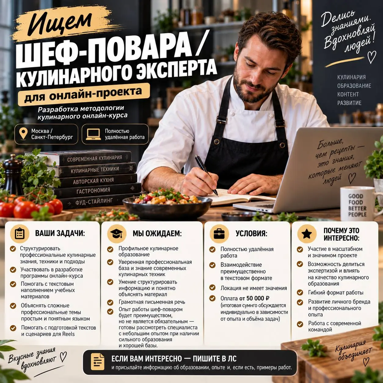 ШЕФ-ПОВАР / КУЛИНАРНЫЙ ЭКСПЕРТ ДЛЯ ОНЛАЙН ПРОЕКТА
Прямой работодатель
• Москва / Санкт-Петербург (удаленная работа)
• Другое
• @vargassnt
Полное описание вакансии размещено в Телеграм и Макс | Сетка — социальная сеть от hh.ru