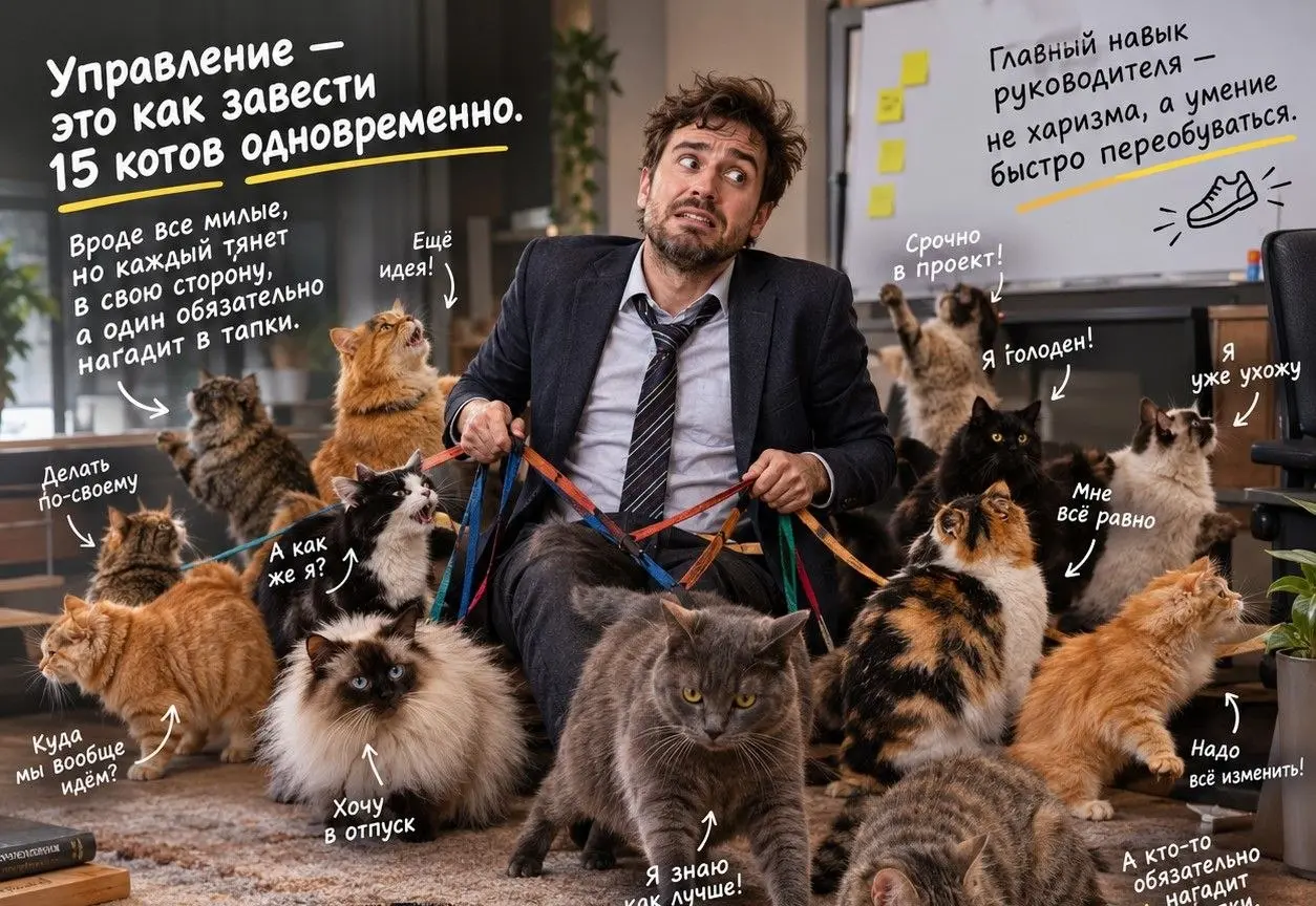 🔹 Шутка Понедельника от SalesCoachAI 🔹
Управление — это как завести 15 котов одновременно. Вроде все милые, но каждый тянет в свою сторону, а один обязательно нагадит в тапки | Сетка — социальная сеть от hh.ru