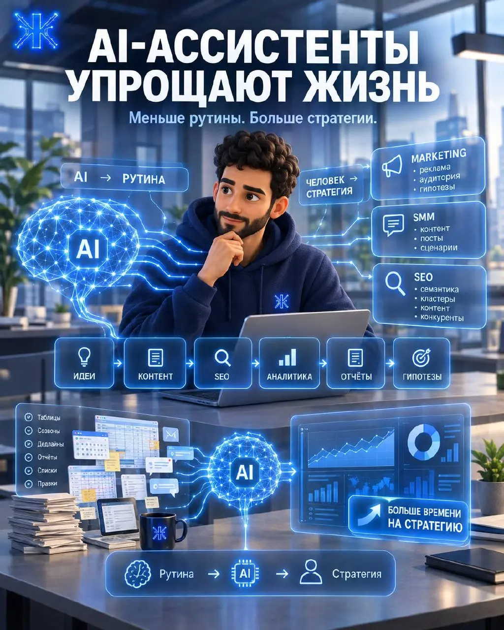 ⚡️⚡️⚡️AI-ассистенты: как они упрощают жизнь digital спецов.
Ещё недавно маркетолог мог потратить полдня на задачу, которую сегодня AI-ассистент делает за несколько минут | Сетка — социальная сеть от hh.ru