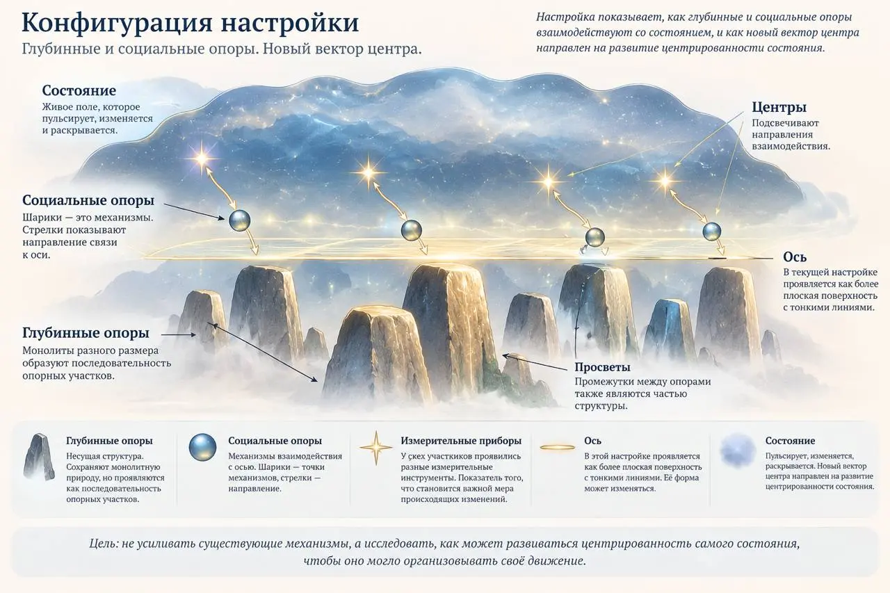 Настройка глубинных и социальных опор + новый вектор центра
В этой настройке мы продолжили работу с глубинными и социальными опорами и посмотрели, как они взаимодействуют с состоянием и центром | Сетка — социальная сеть от hh.ru