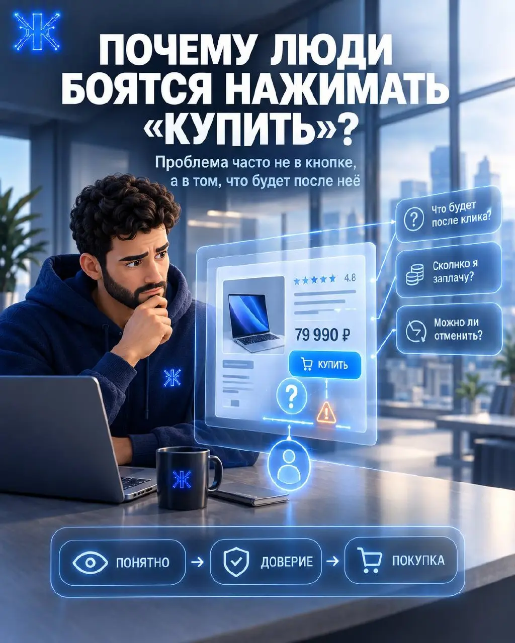 ⚡️⚡️⚡️Почему люди боятся нажимать кнопку «Купить»?
Кнопка может быть огромной.
Яркой.
Красивой.
Но пользователь всё равно может на неё не нажать | Сетка — социальная сеть от hh.ru