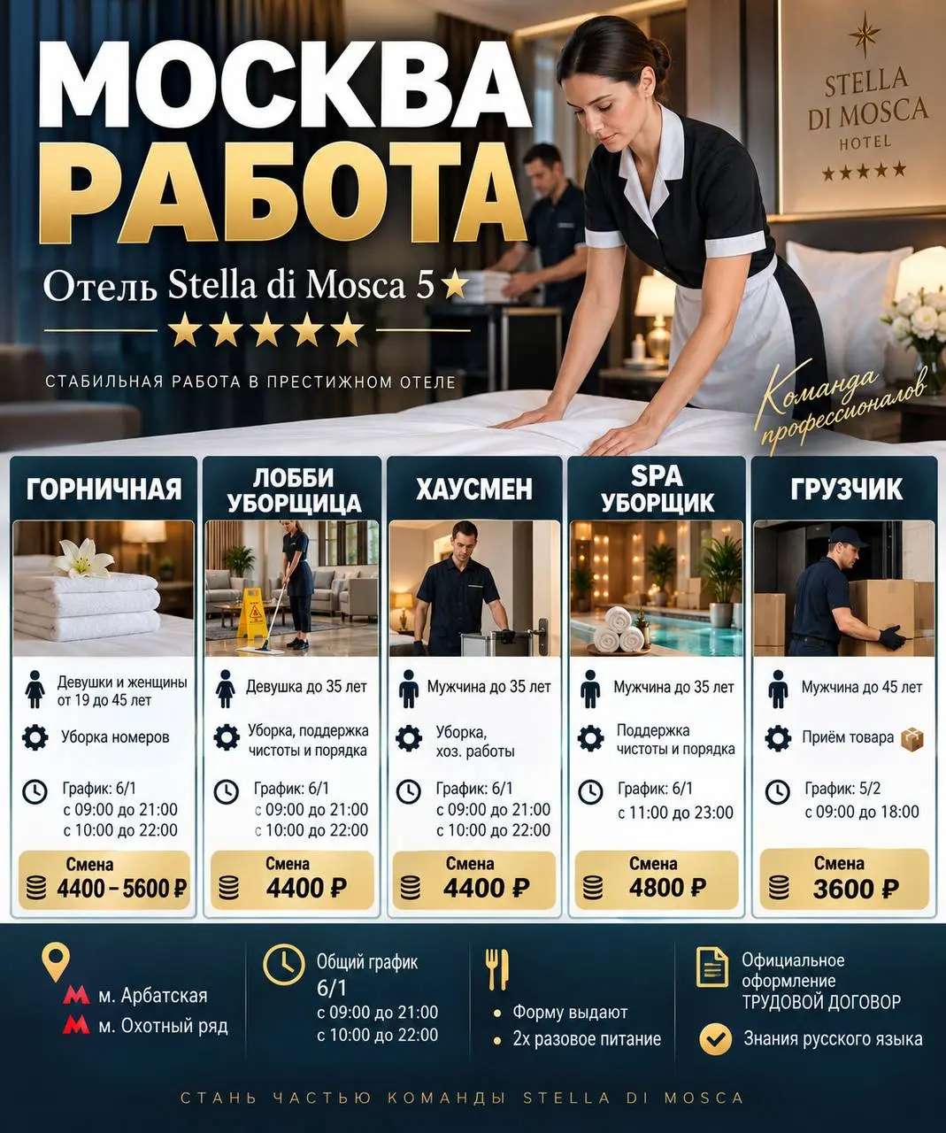 1️⃣ГОРНИЧНАЯ,
2️⃣ЛОББИ-УБОРЩИЦА,
3️⃣ХАУСМЕН,
4️⃣SPA-УБОРЩИК,
5️⃣ГРУЗЧИК
Отель Stella di Mosca 5☆
• Москва, м | Сетка — социальная сеть от hh.ru