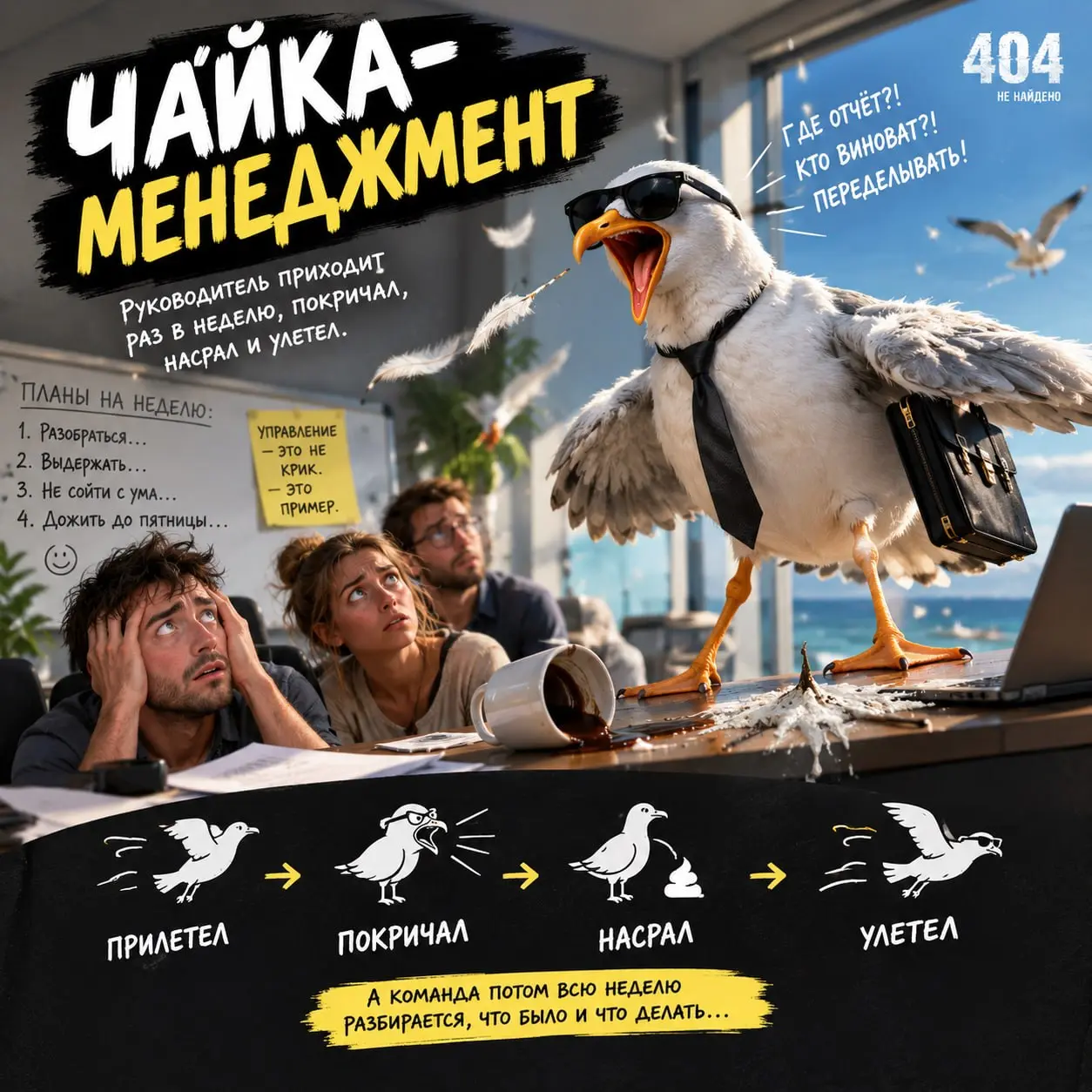 Чайка-менеджмент.
Есть такой стиль управления.
Руководитель появляется раз в неделю.
Громко возмущается.
Находит виноватых.
Раздаёт указания.
Портит всем настроение.
Улетает | Сетка — социальная сеть от hh.ru