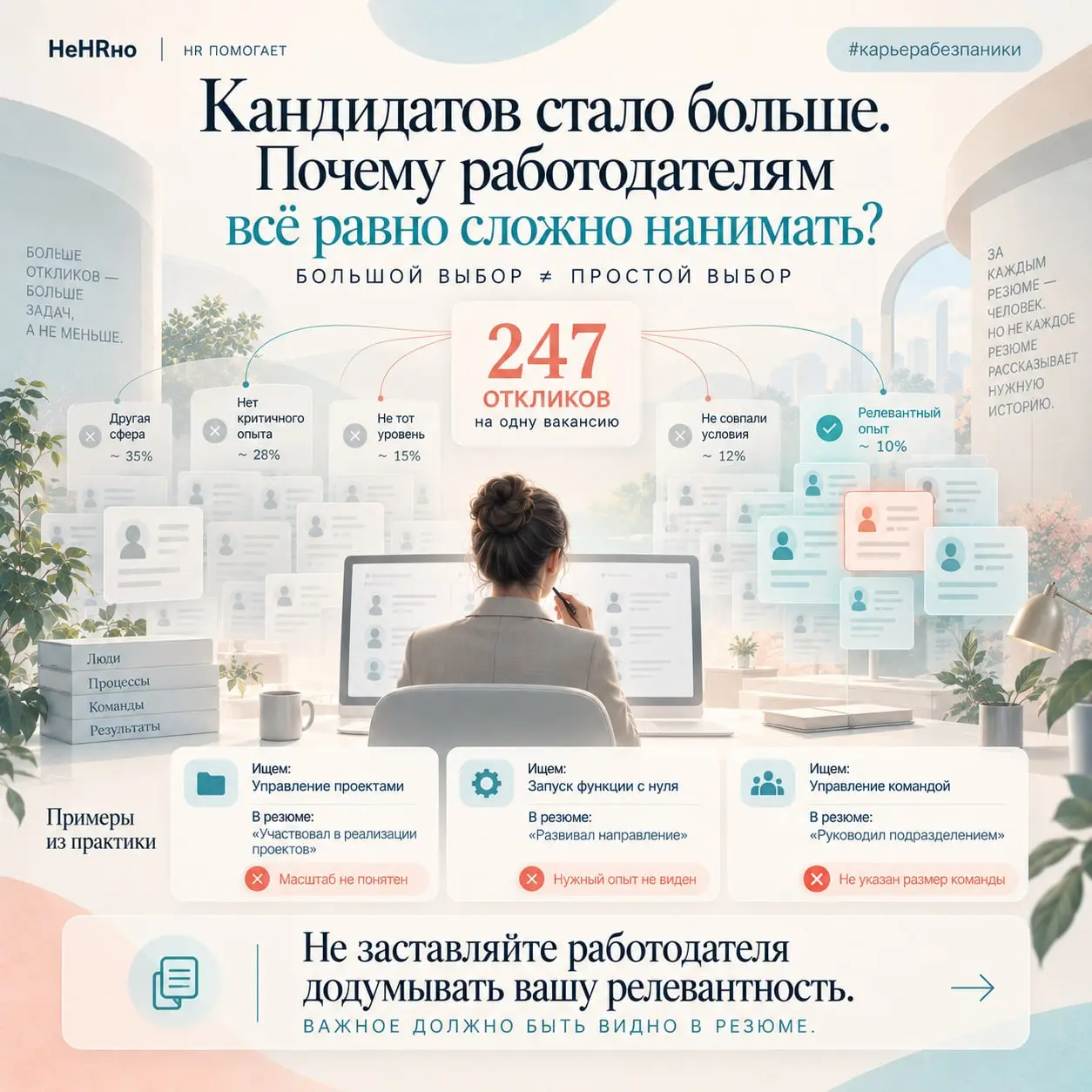 Кандидатов стало больше. Почему работодателям всё равно сложно нанимать?
Вчера мы смотрели на поиск работы глазами соискателя.
50 откликов. Несколько просмотров. Ни одного приглашения | Сетка — социальная сеть от hh.ru