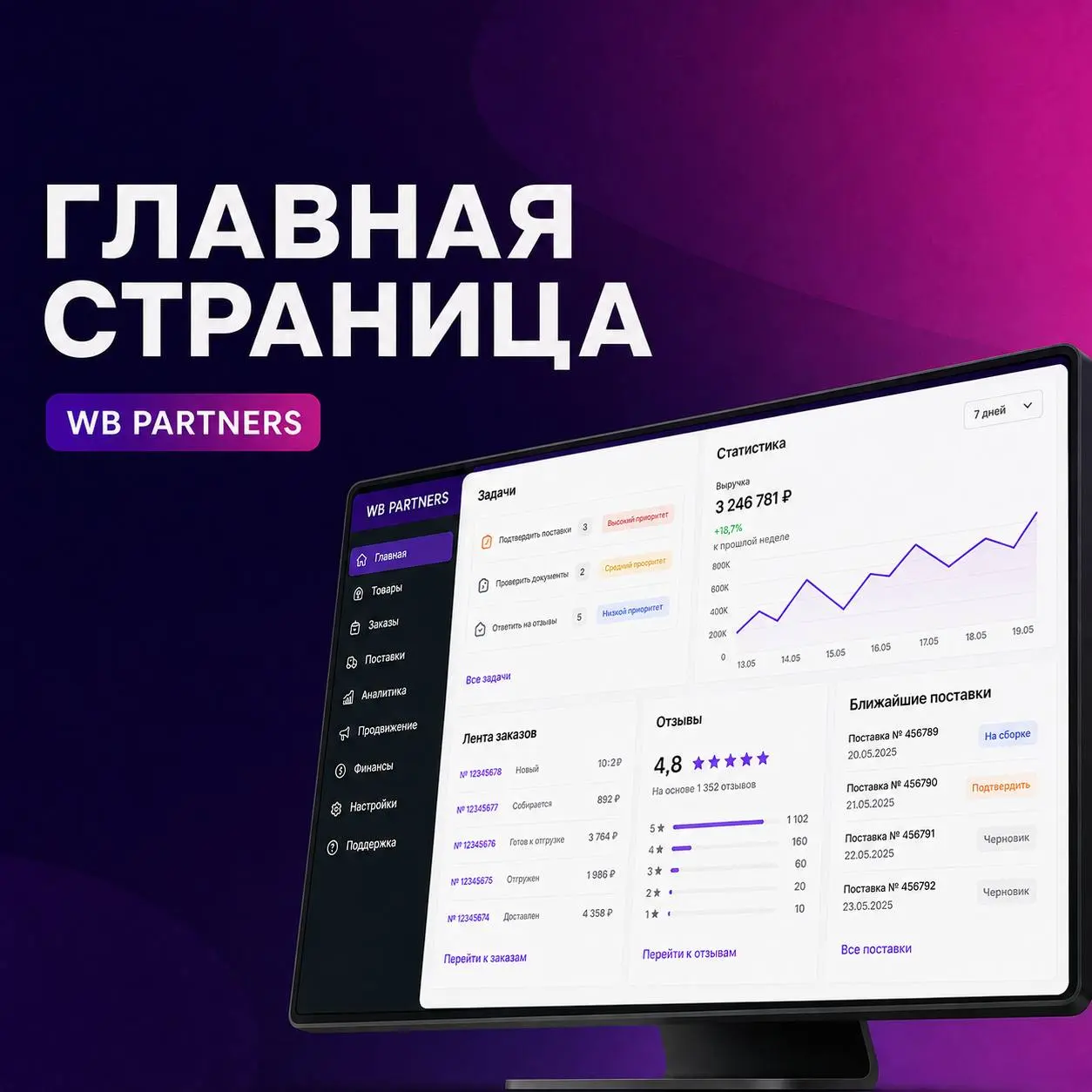 🏠 Раздел «Главная»: центр управления магазином
Главная страница WB Partners показывает текущее состояние магазина | Сетка — социальная сеть от hh.ru
